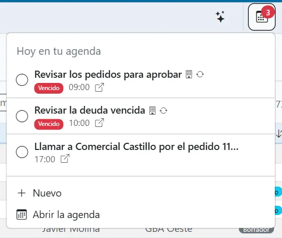 Hoy en tu agenda: dos pendientes de la administración vencidos y uno propio, con Nuevo y Abrir la agenda