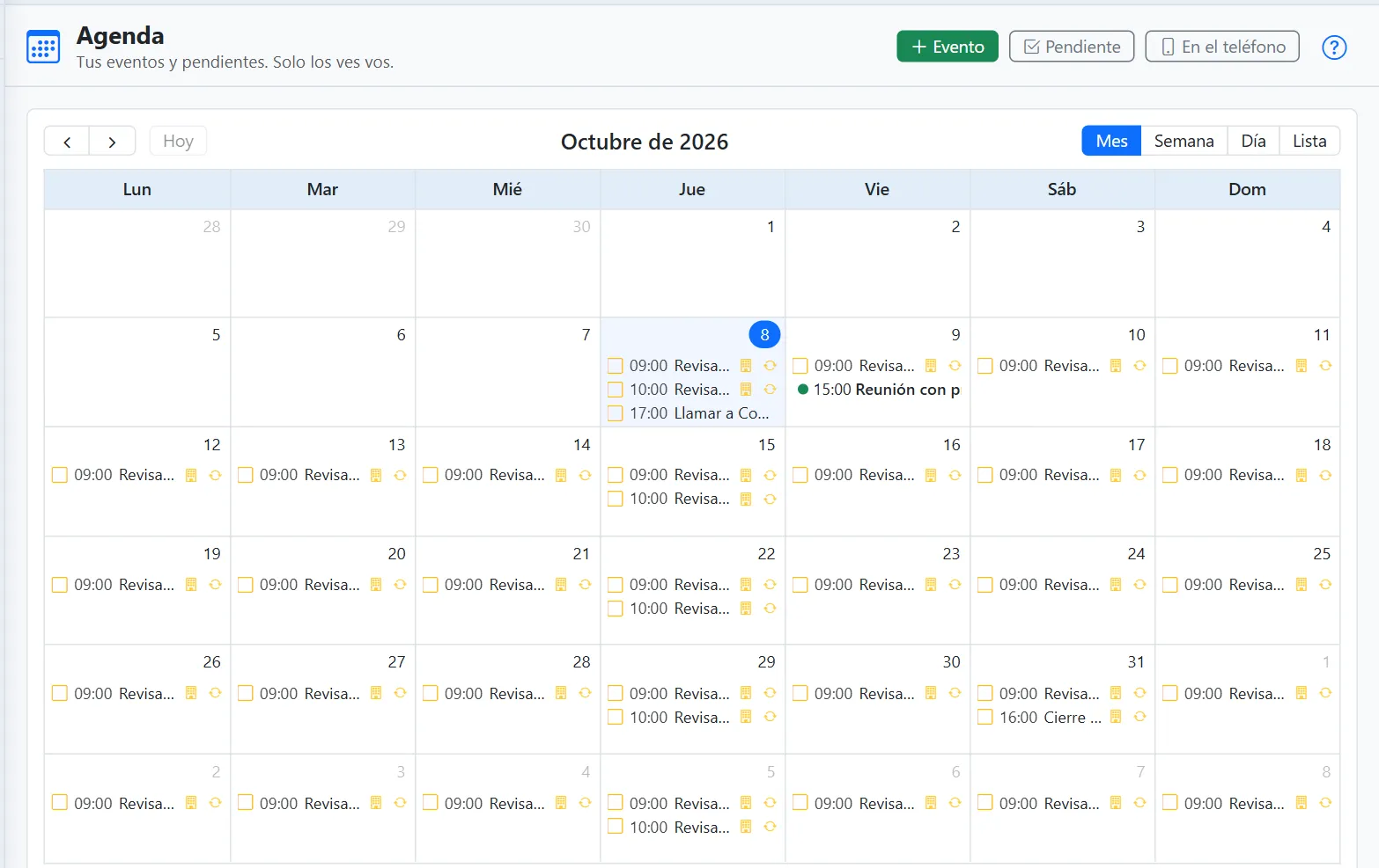 Agenda del mes: pendientes diarios y semanales de la administración, un pendiente propio y una reunión