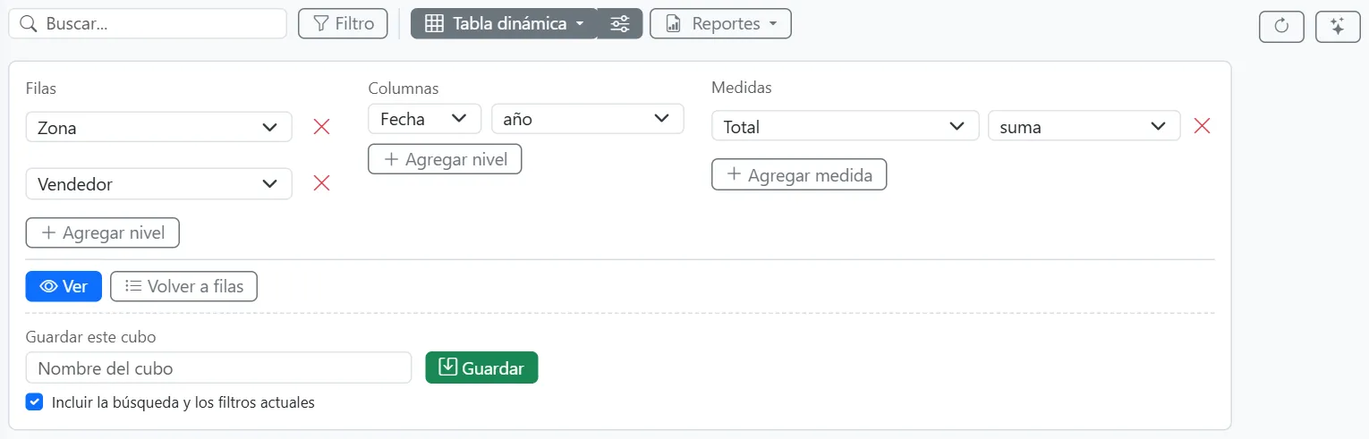 Armado de la tabla dinámica: Zona y Vendedor en filas, Fecha por año en columnas y la suma del Total