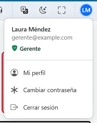 Menú del usuario abierto, con Mi perfil, Cambiar contraseña y Cerrar sesión