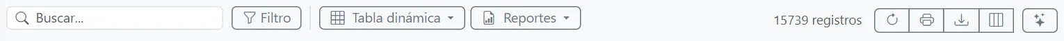 Barra de un listado: buscador, filtro, tabla dinámica, reportes, cantidad de registros y botones