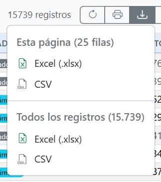 Exportar: esta página o todos los registros, en Excel o CSV