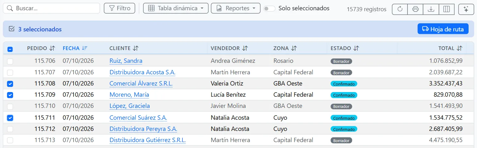 Tres pedidos elegidos: la barra dice 3 seleccionados y muestra el botón Hoja de ruta