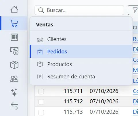 Menú achicado con la carpeta Ventas abierta en un panel al costado