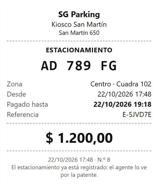 El comprobante que entrega el comercio: la patente, la zona y la cuadra, desde y hasta qué hora está pago, la referencia y el importe