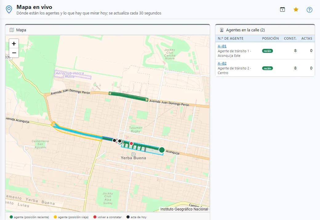 Mapa en vivo: los agentes en la calle, las cuadras de la zona y la lista de agentes con sus constataciones y actas