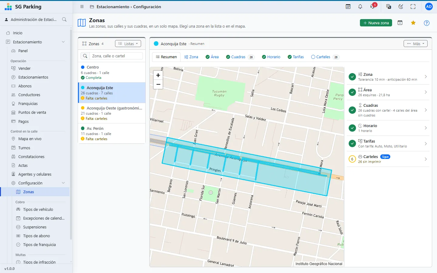 Pantalla Zonas de SG Parking: las zonas del municipio con el mapa y lo que le falta a cada una