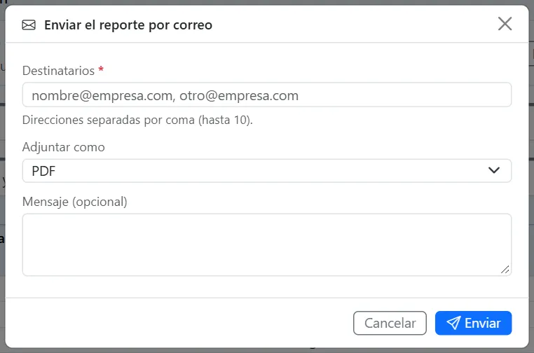 Enviar el reporte por correo: destinatarios, adjuntar como y mensaje